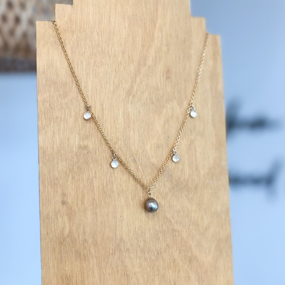 Ocean Eclipse Tahitian Pearl and Moonstone Necklace, 16” length