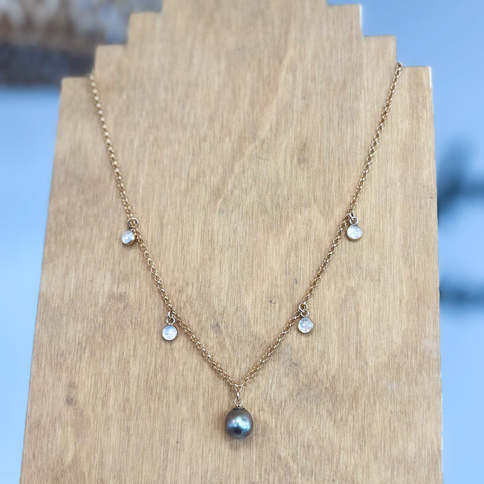 Ocean Eclipse Tahitian Pearl and Moonstone Necklace, 16” length