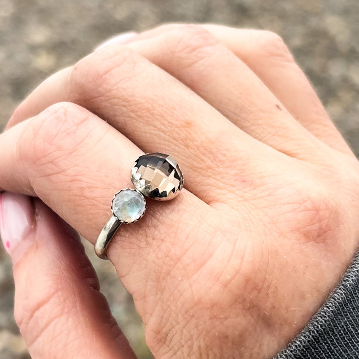 Smoky Quartz and Moonstone Ring Size 9