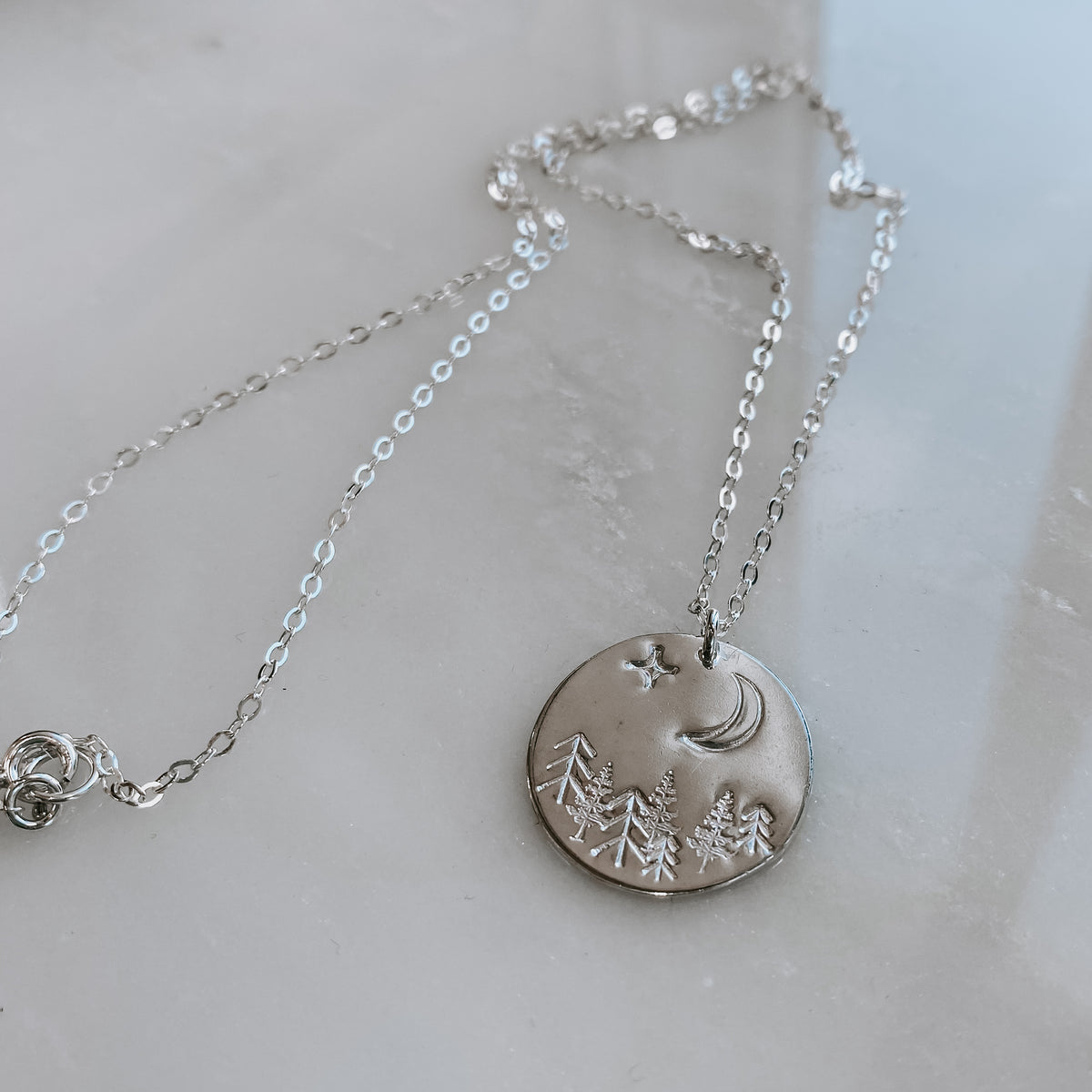 Moonlit Forest Hand Stamped Coin Necklace