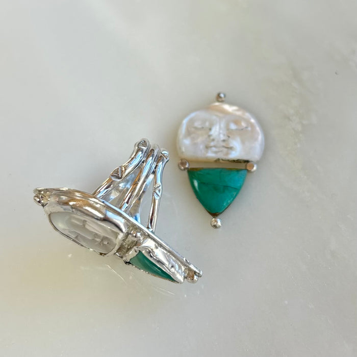 Celestial Current Moon face Ring with Kingman Turquoise, FINISH IN YOUR SIZE