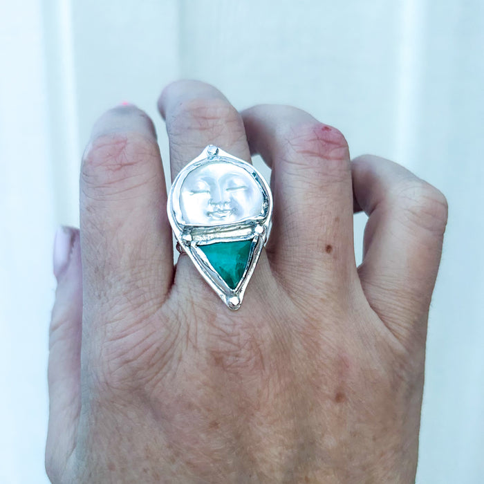 Celestial Current Moon face Ring with Kingman Turquoise, FINISH IN YOUR SIZE