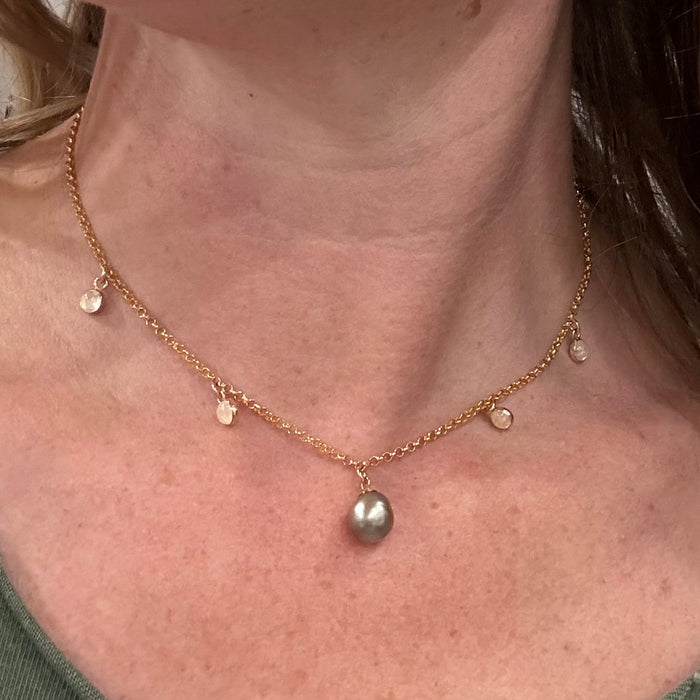 Ocean Eclipse Tahitian Pearl and Moonstone Necklace, 16” length