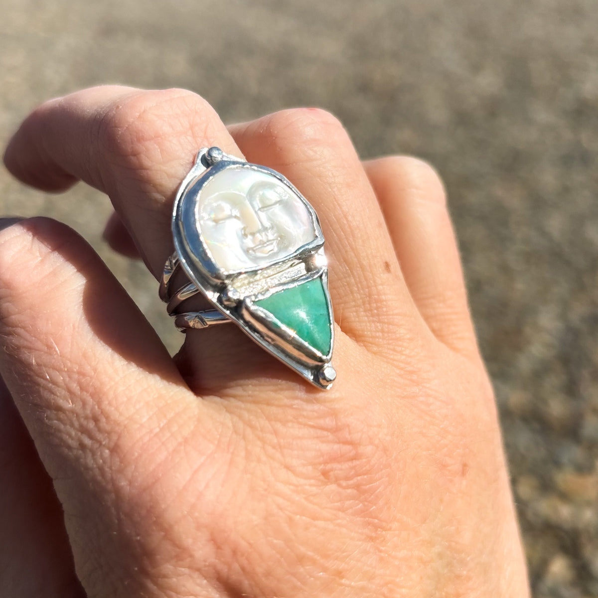 Celestial Current Moon face Ring with Kingman Turquoise, size 7.5