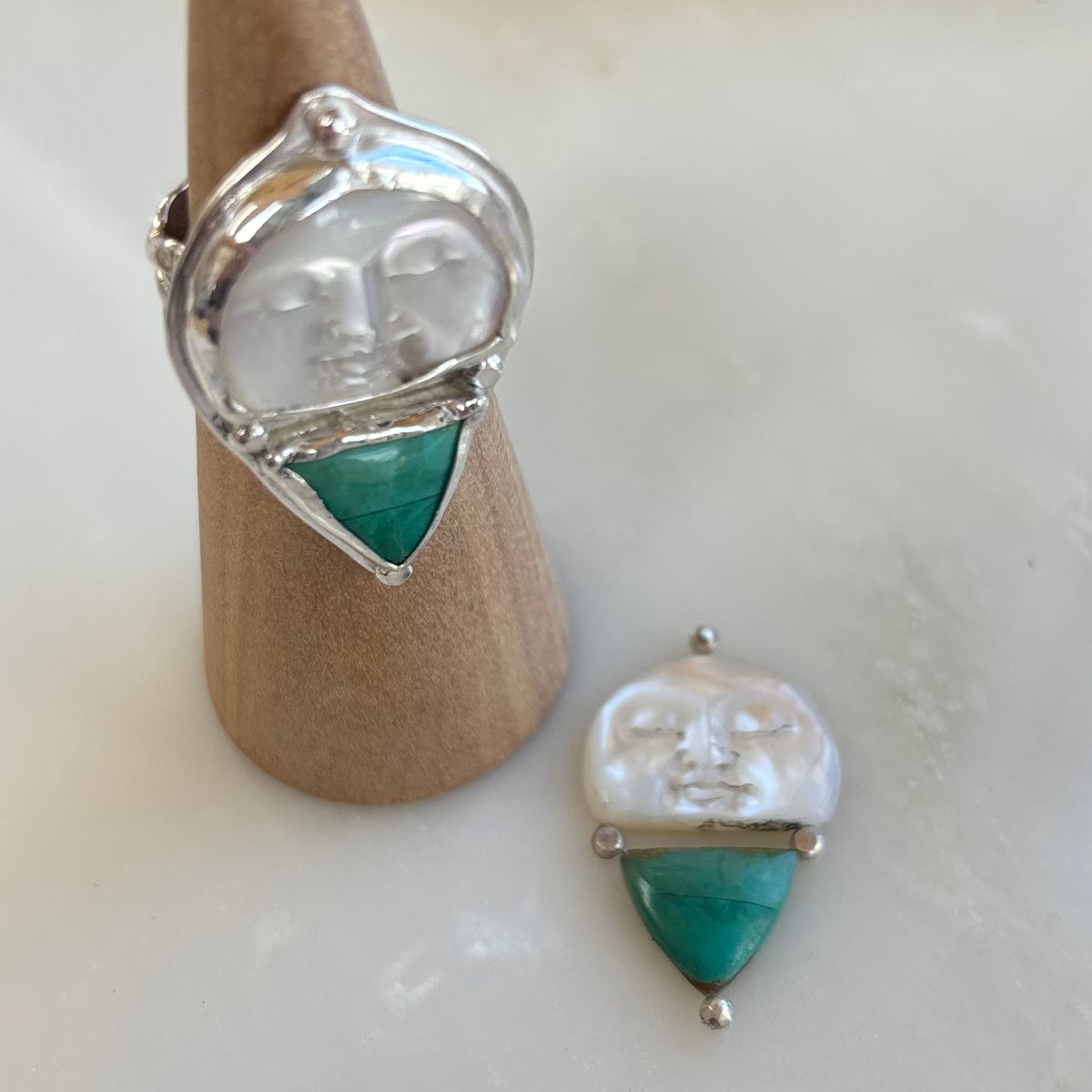 Celestial Current Moon face Ring with Kingman Turquoise, FINISH IN YOUR SIZE