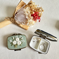 Floral Embroidered Mini Jewelry Box With Mirror - Teal with White Roses