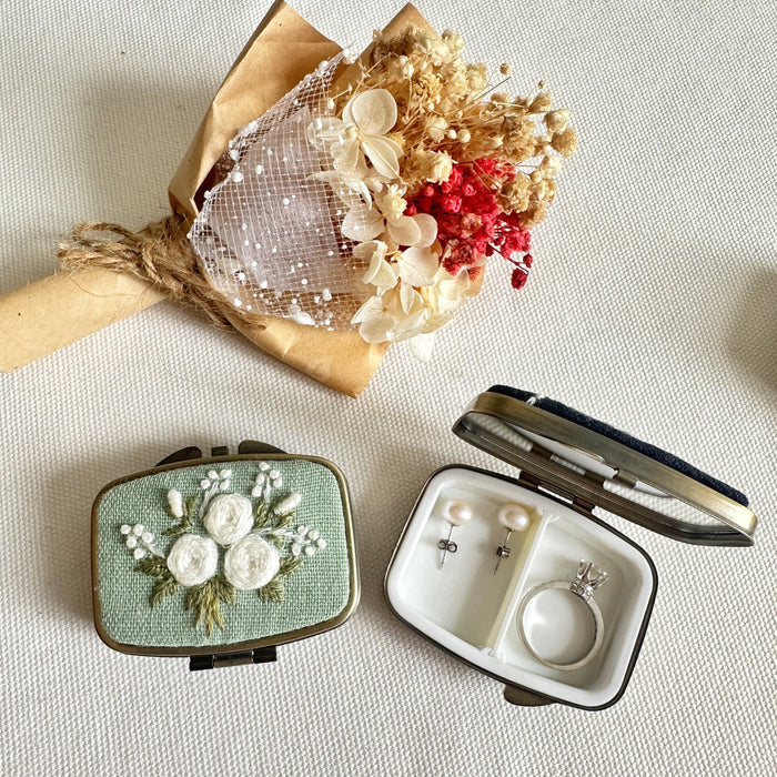 Floral Embroidered Mini Jewelry Box With Mirror - Teal with White Roses