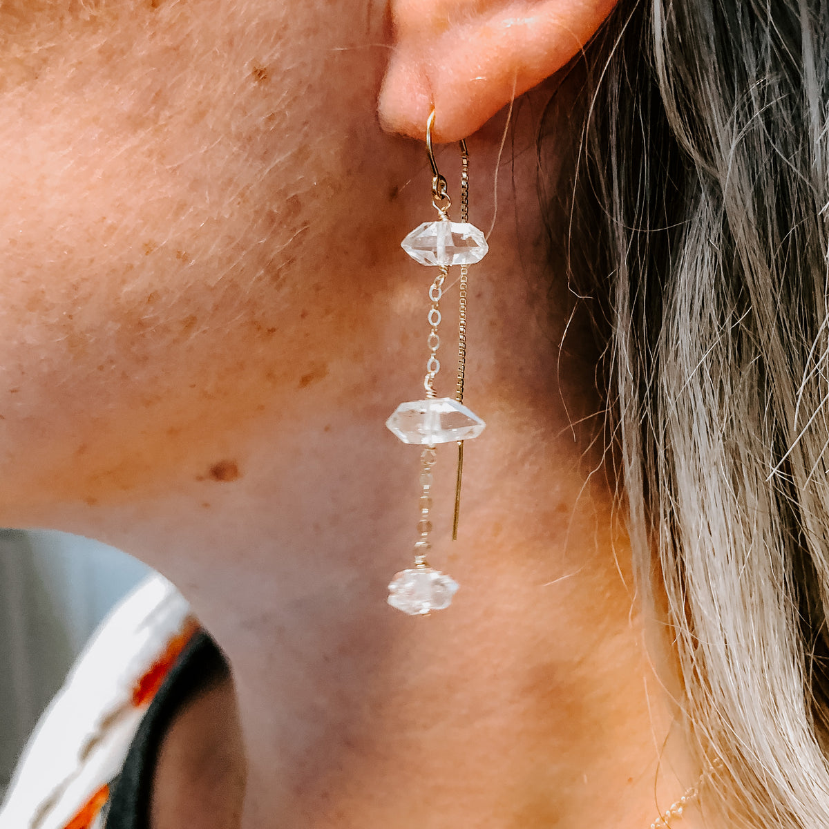 Triple Herkimer Diamond Chain Threader Earrings
