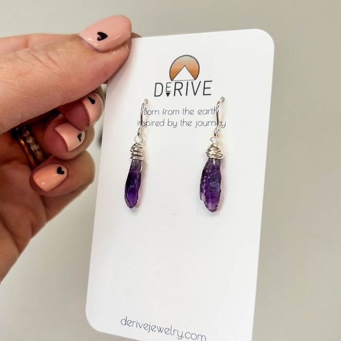 Mini Amethyst Point Drop Earrings in 14k Gold Fill or Sterling Silver