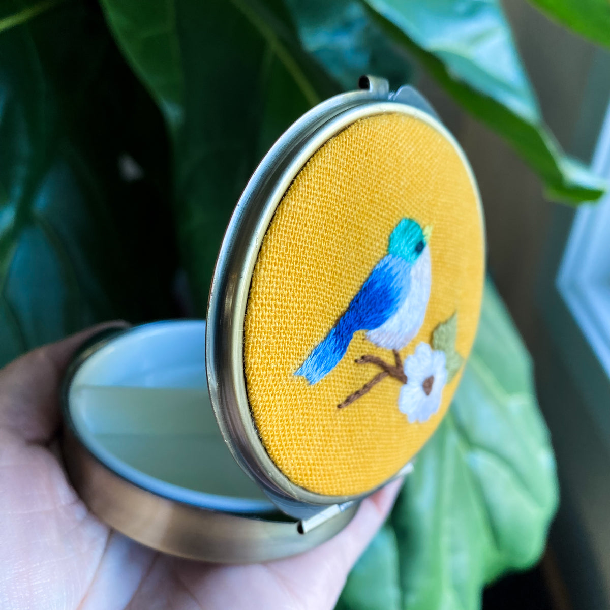 Song Bird Floral Embroidered Round Jewelry Box with Mirror