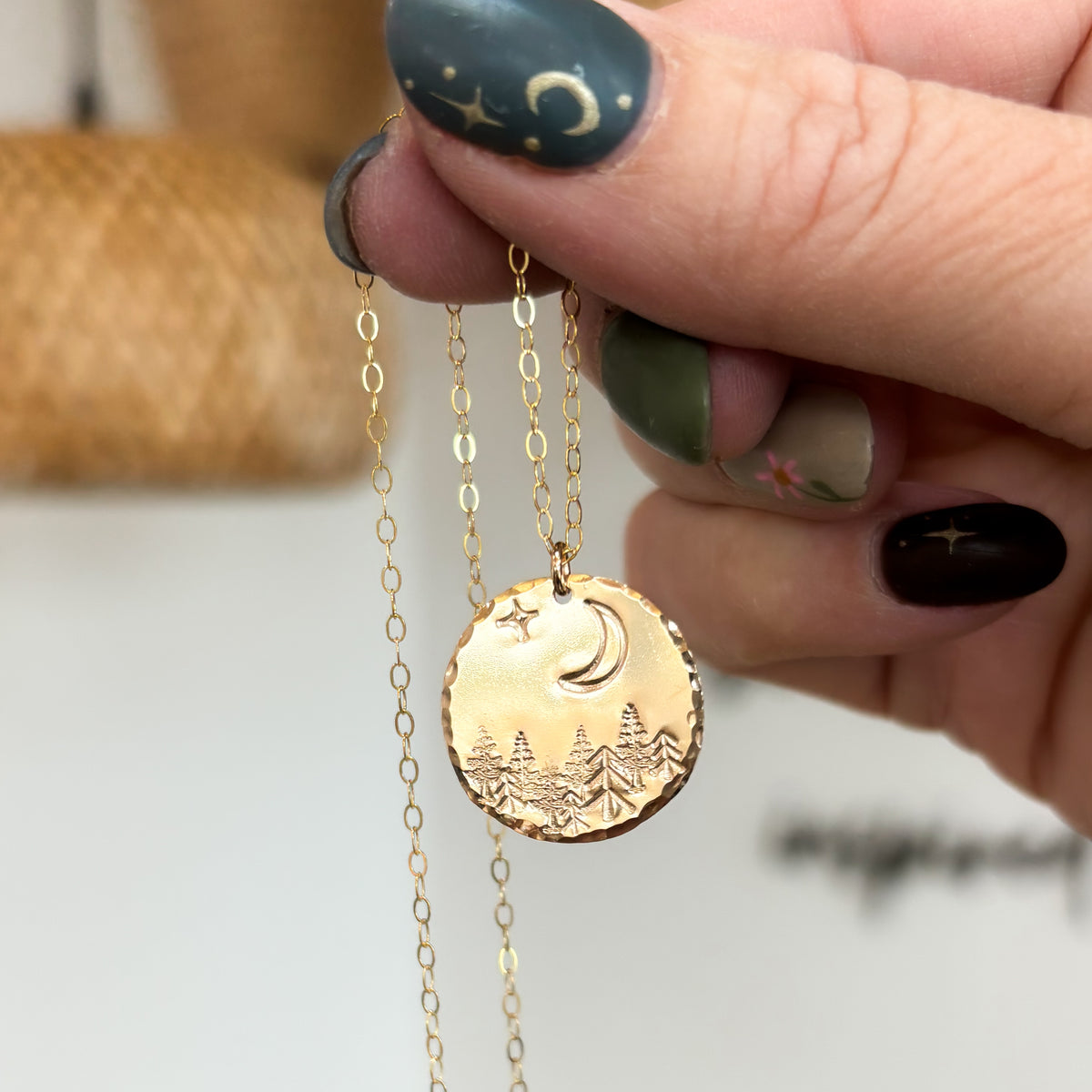 Moonlit Forest Hand Stamped Coin Necklace (WS)