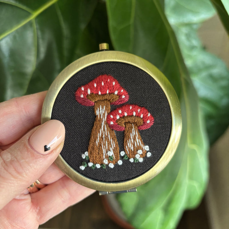 Red Mushrooms Floral Embroidered Compact Mirror