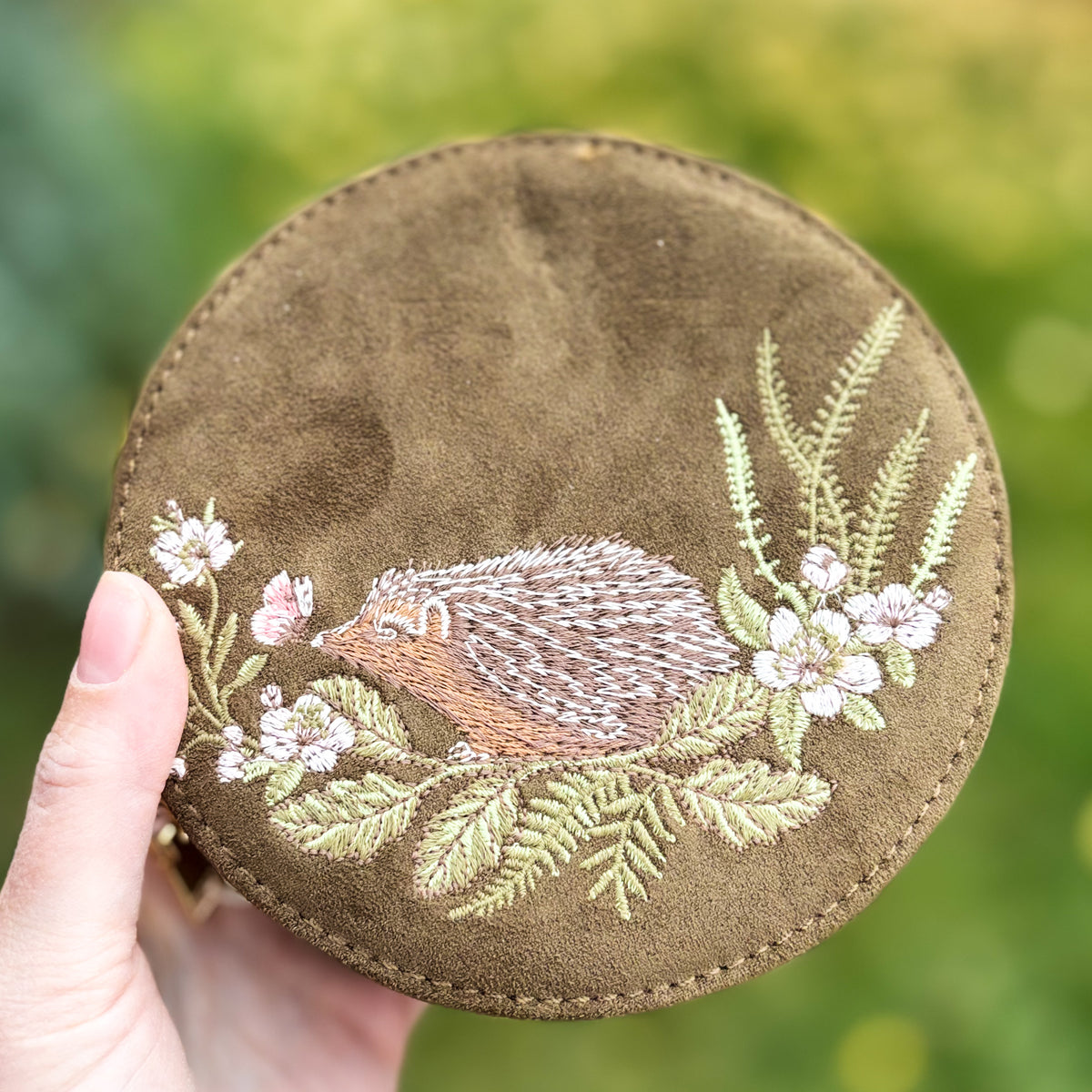 Hedgehog Embroidered Round Jewelry Box