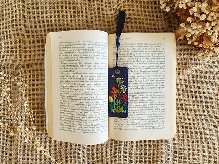 Embroidered Navy Flower Garden Bookmark