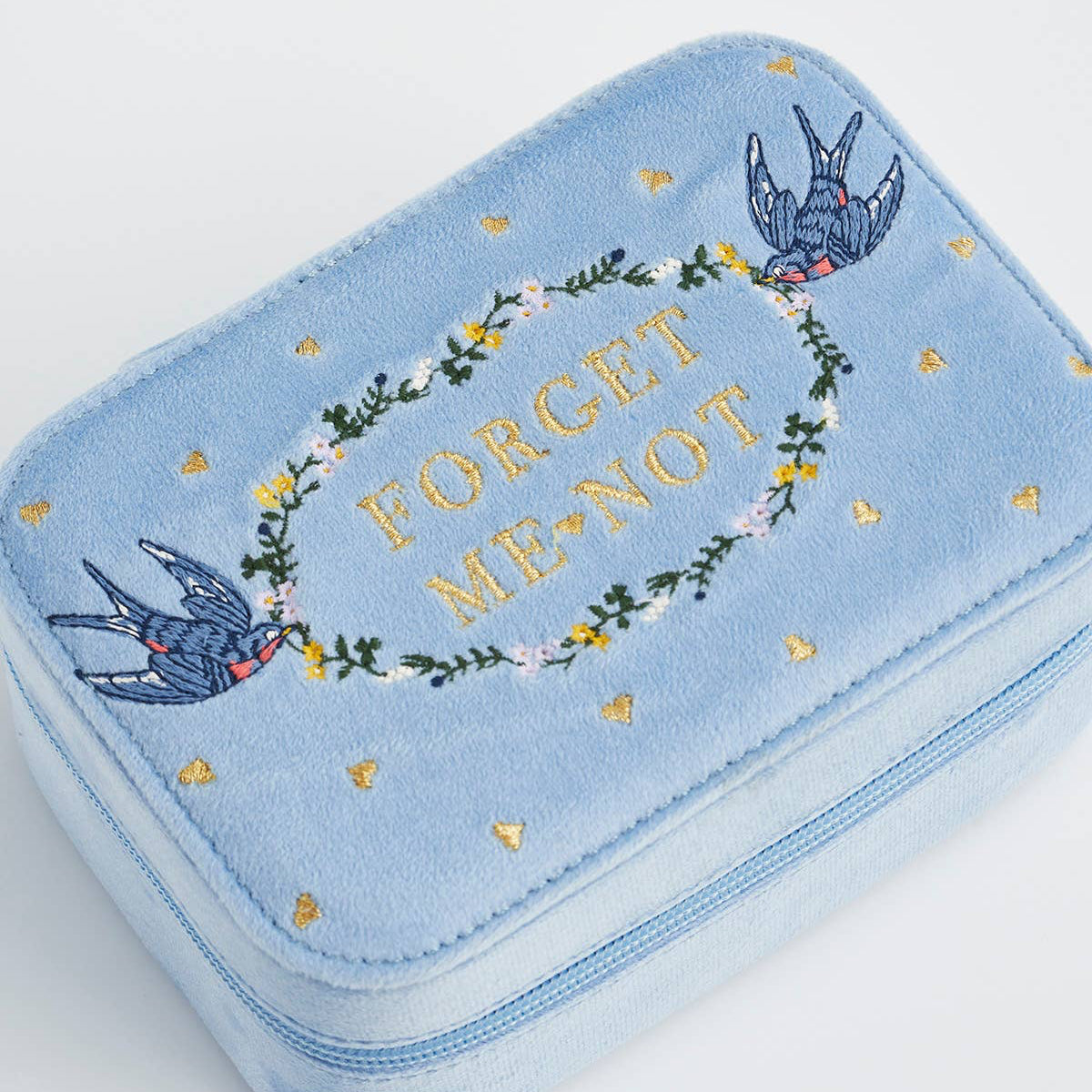 Forget Me Not Blue Velvet Embroidered Jewelry Box