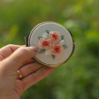 Floral Embroidered Round Jewelry Box With Mirror Pink Roses