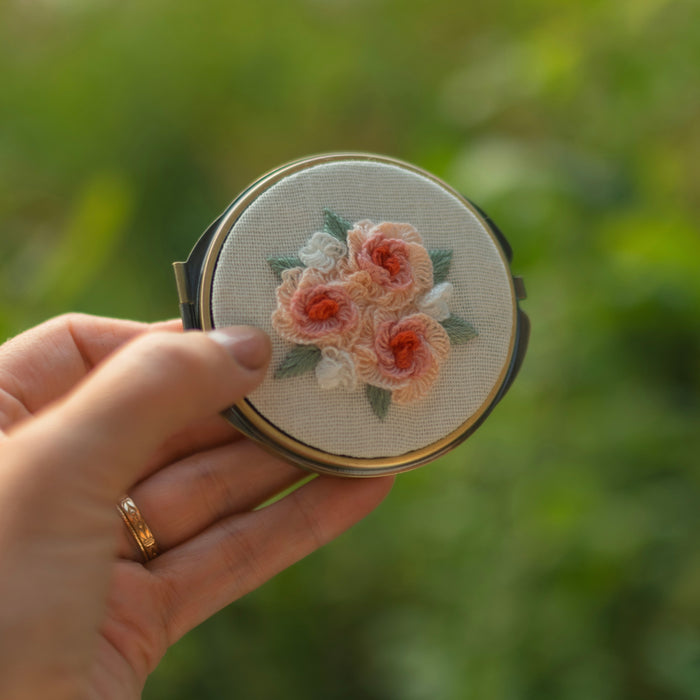Floral Embroidered Round Jewelry Box With Mirror Pink Roses