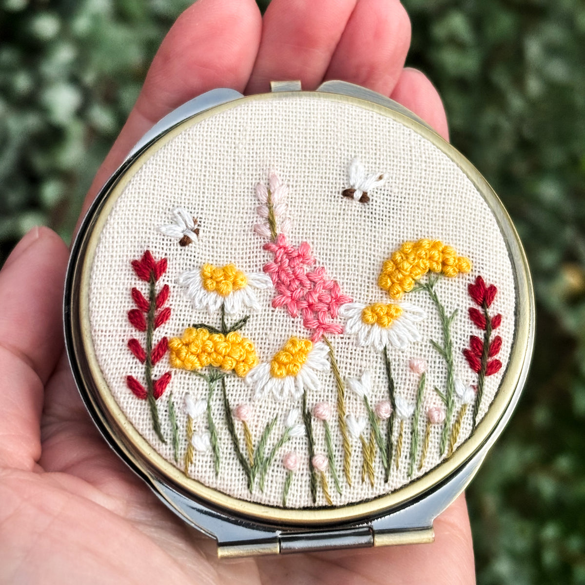 Spring Garden Floral Embroidered Jewelry Box with Mirror