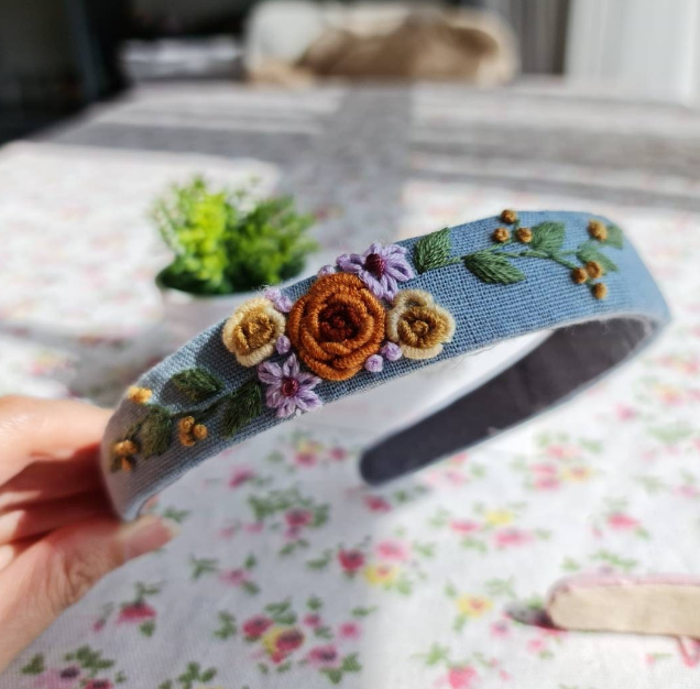 Floral Embroidered Headband - Blue with Neutral flowers