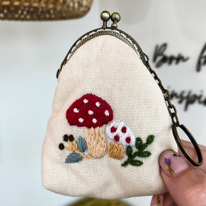 Mushroom Garden Floral Embroidered Keychain Pouch