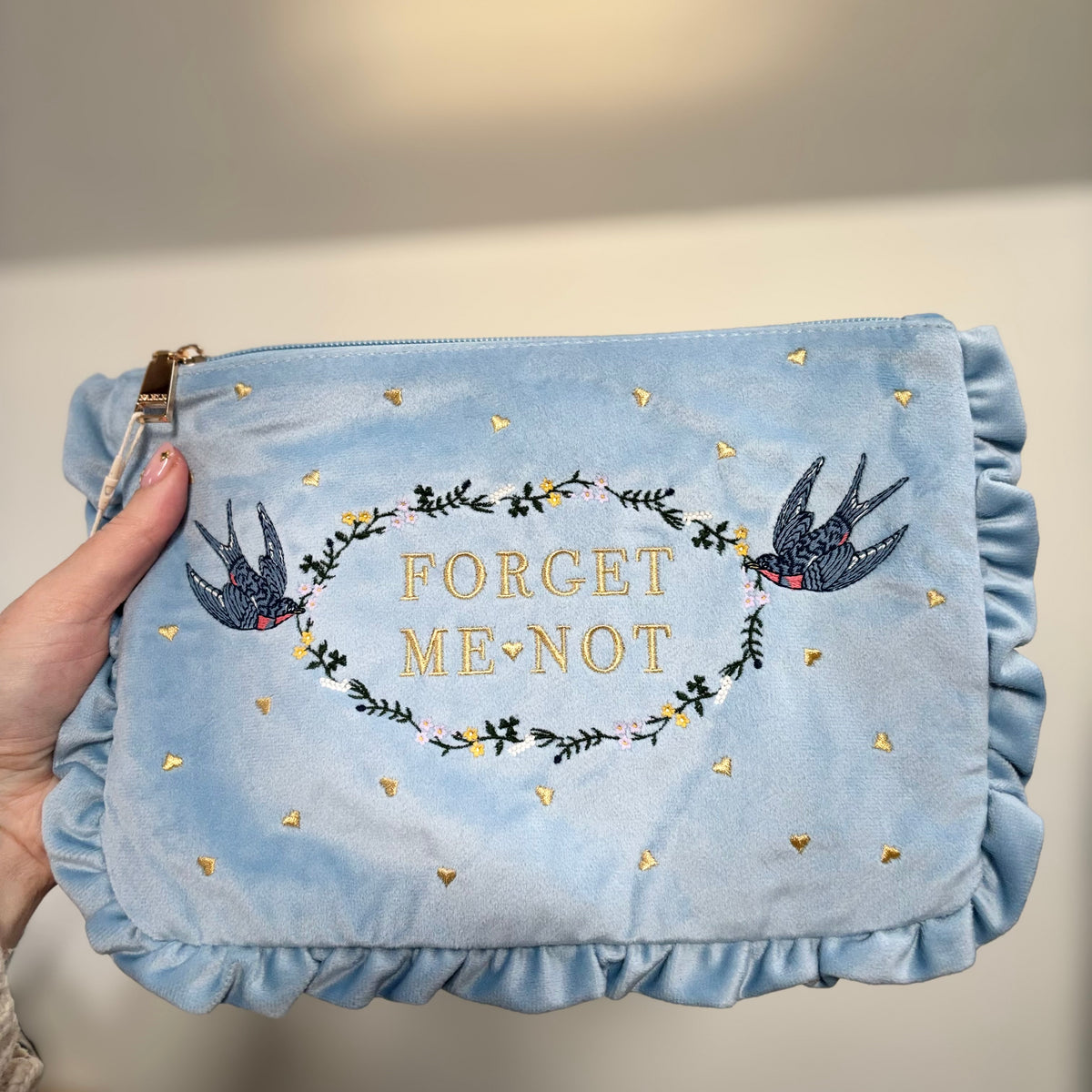 Forget Me Not Blue Velvet Embroidered Pouch