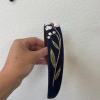 Floral Embroidered Headband- Lily of the Valley Navy Blue