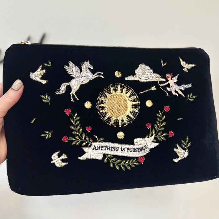 Black Celestial Velvet Embroidered Pouch