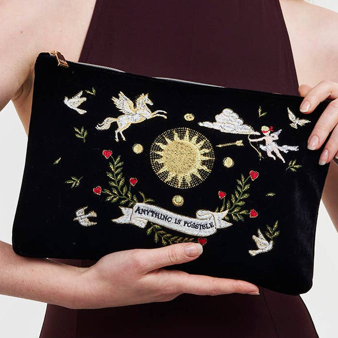 Black Celestial Velvet Embroidered Pouch