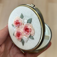 Floral Embroidered Round Jewelry Box With Mirror Pink Roses
