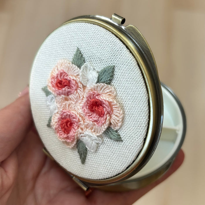Floral Embroidered Round Jewelry Box With Mirror Pink Roses