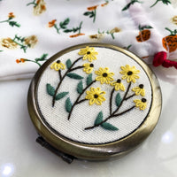 Floral Embroidered Compact Mirror - Yellow Flowers