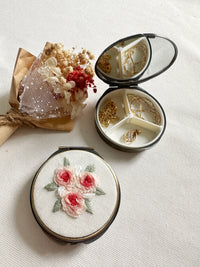 Floral Embroidered Round Jewelry Box With Mirror Pink Roses