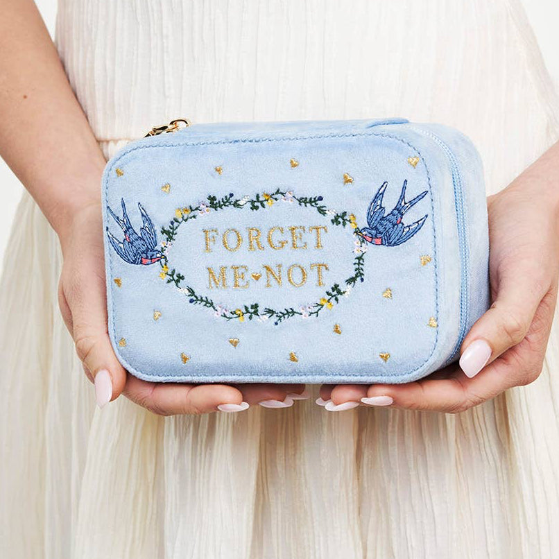 Forget Me Not Blue Velvet Embroidered Jewelry Box