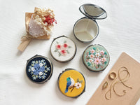 Floral Embroidered Round Jewelry Box With Mirror Pink Roses