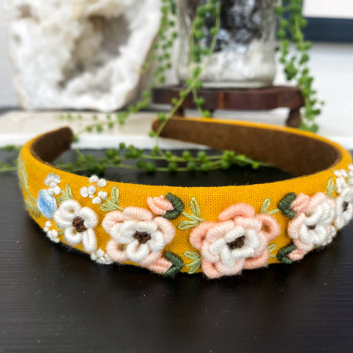 Floral Embroidered Headband- Mustard Yellow