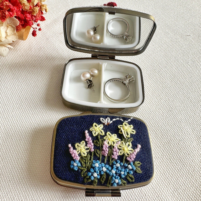 Flower Garden Floral Embroidered Mini Jewelry Box With Mirror