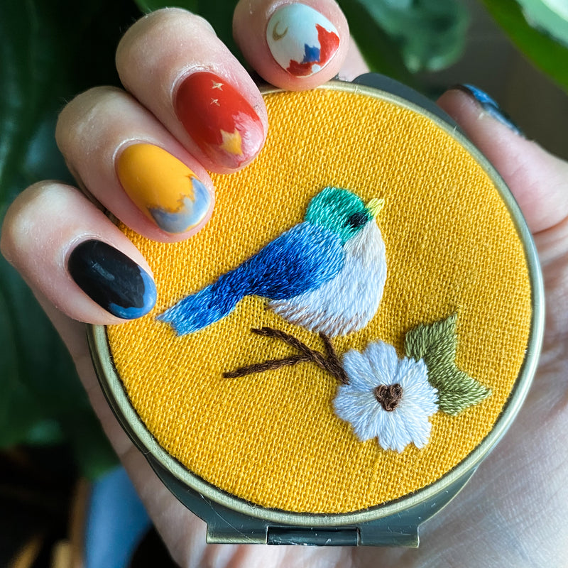 Song Bird Floral Embroidered Round Jewelry Box with Mirror