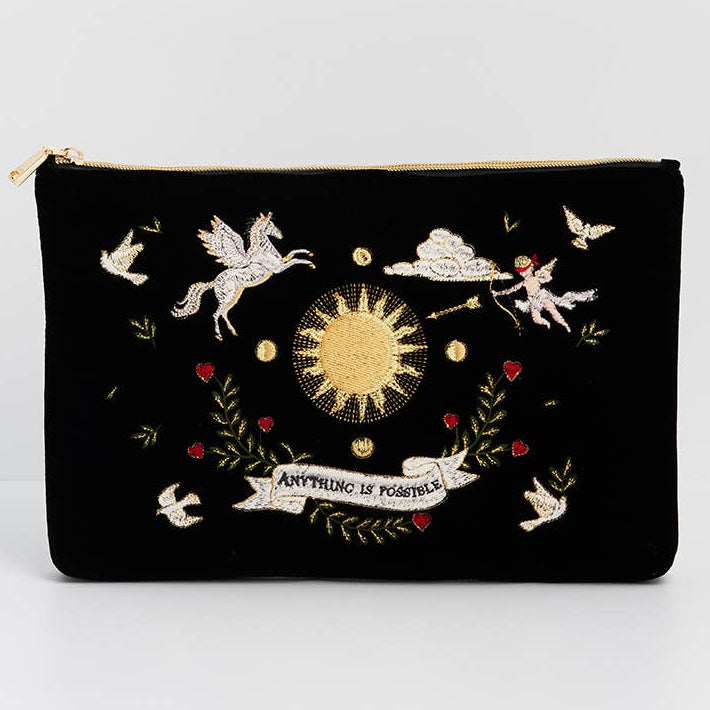 Black Celestial Velvet Embroidered Pouch