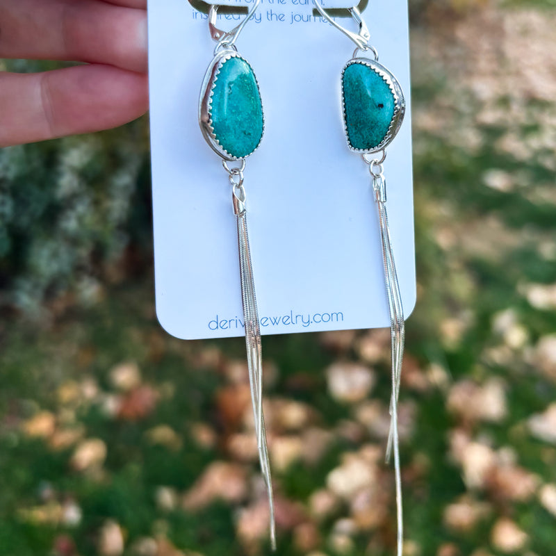 Canyon Sky Earrings - Kingman Turquoise bezel set fringe earrings in sterling silver
