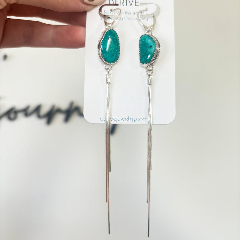 Canyon Sky Earrings - Kingman Turquoise bezel set fringe earrings in sterling silver