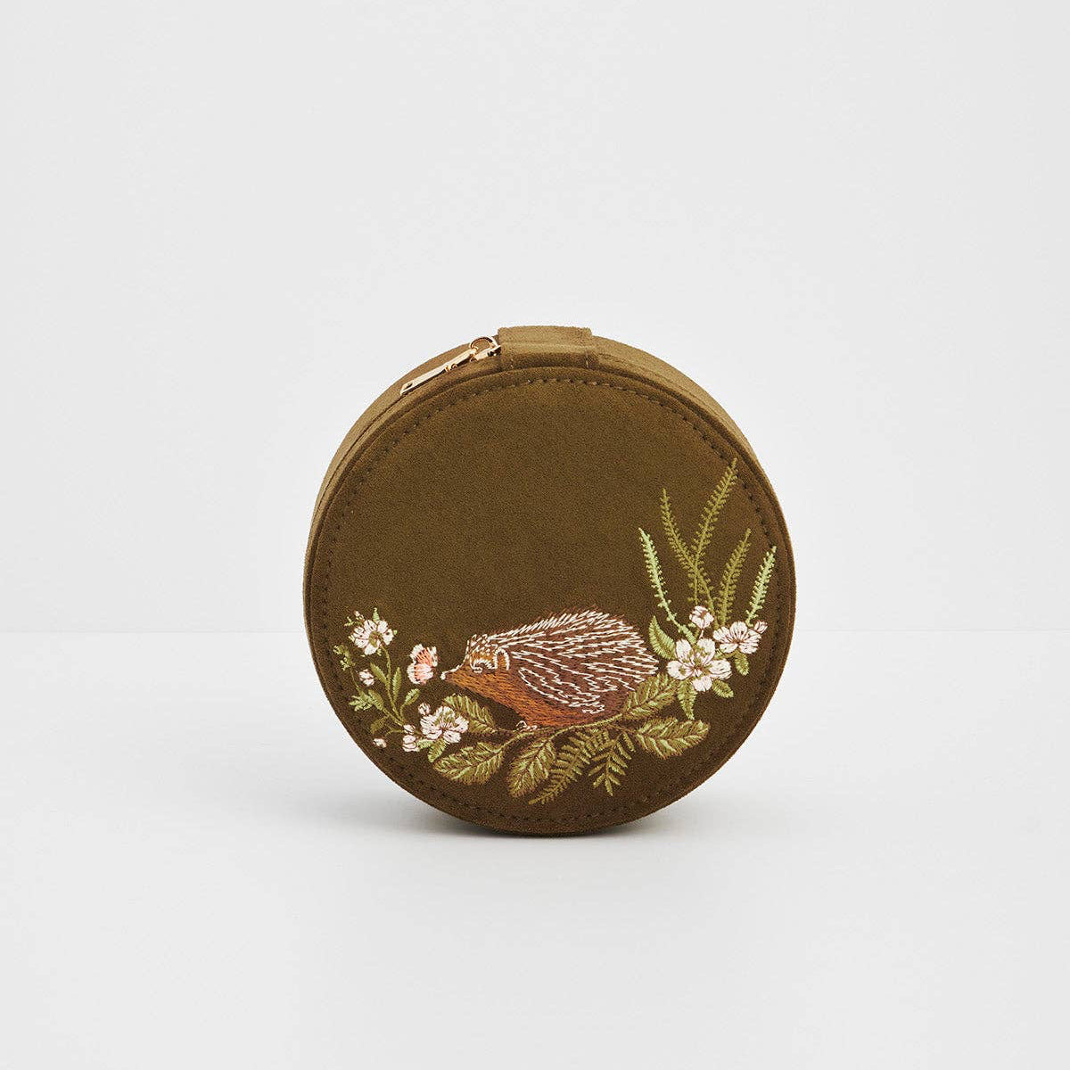 Hedgehog Embroidered Round Jewelry Box