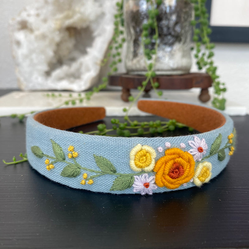 Floral Embroidered Headband - Blue with Neutral flowers