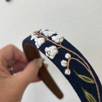 Floral Embroidered Headband- Lily of the Valley Navy Blue