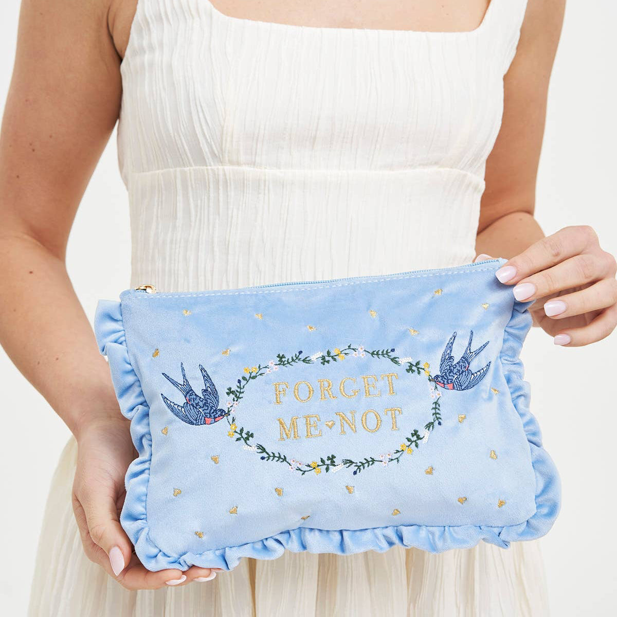 Forget Me Not Blue Velvet Embroidered Pouch