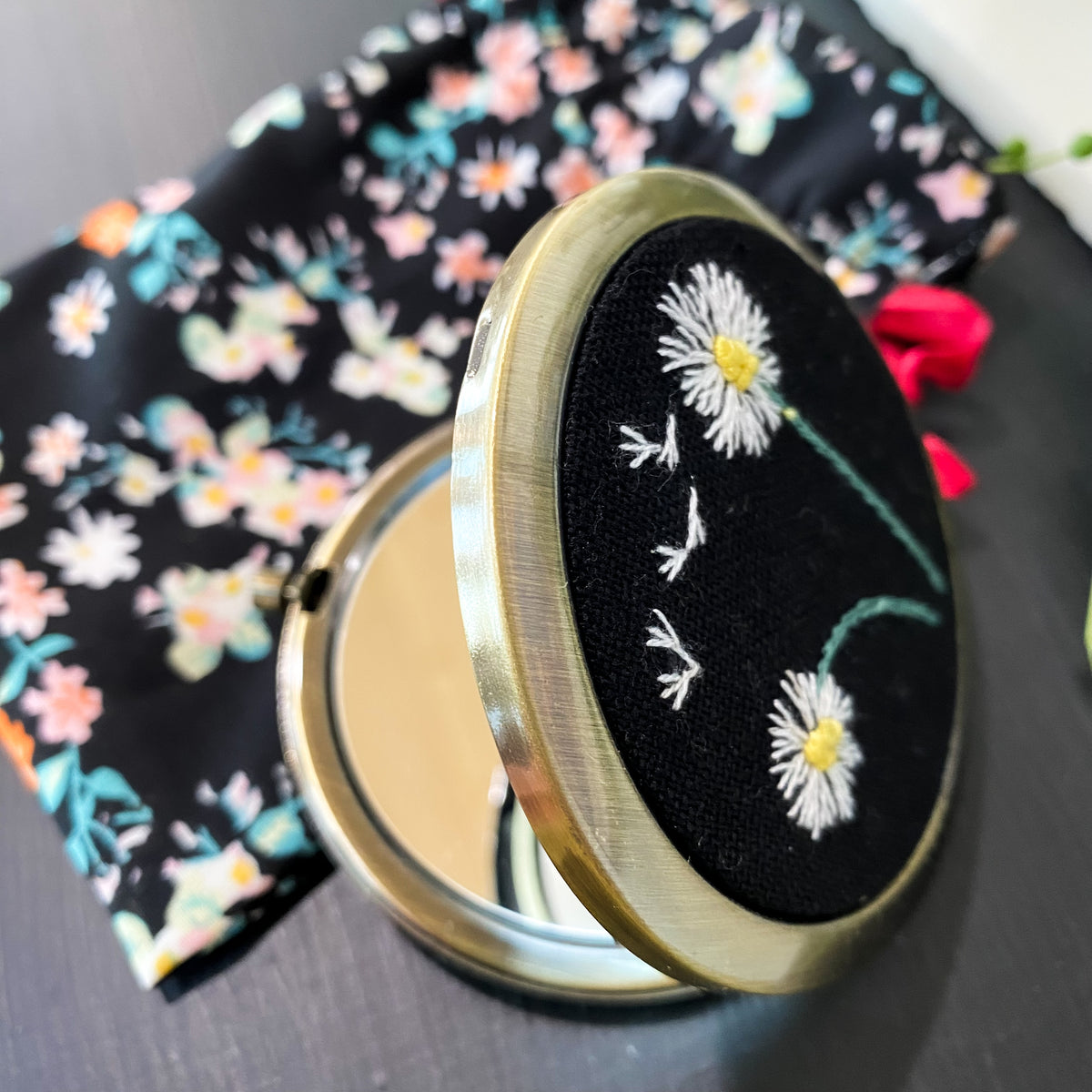 Floral Embroidered Compact Mirror - Dandelion