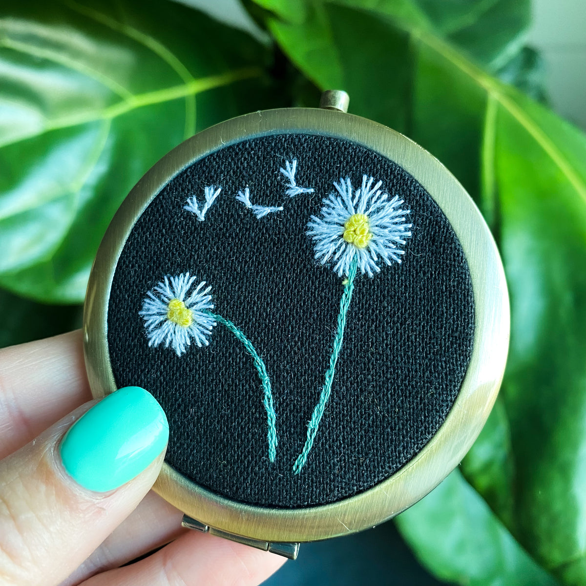 Floral Embroidered Compact Mirror - Dandelion