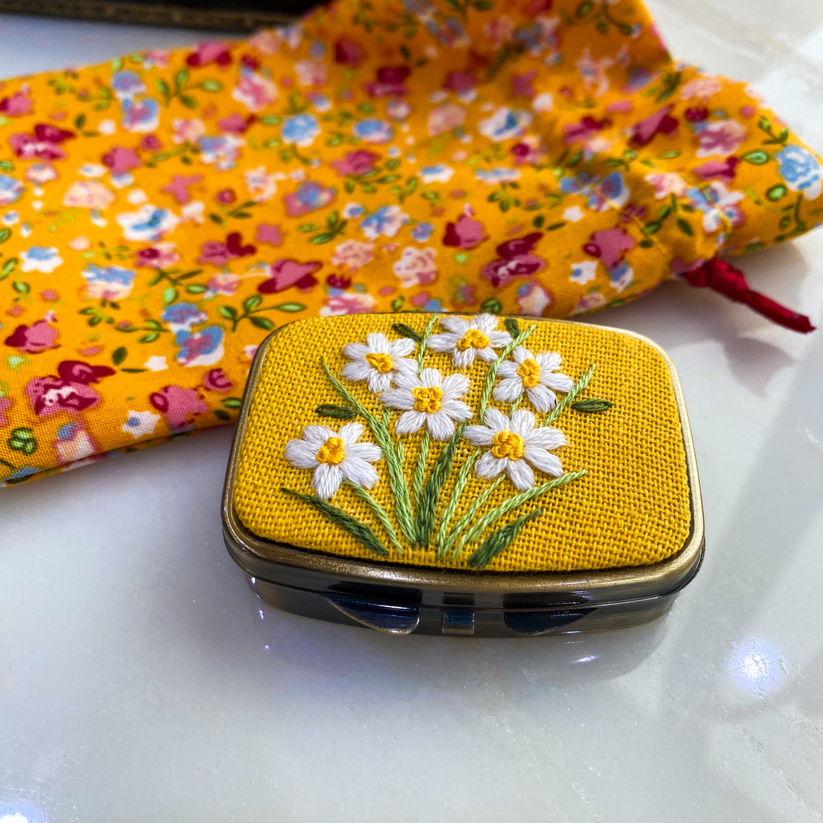 Floral Embroidered Mini Jewelry Box with Mirror