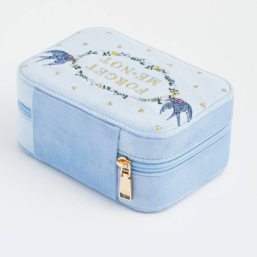 Forget Me Not Blue Velvet Embroidered Jewelry Box