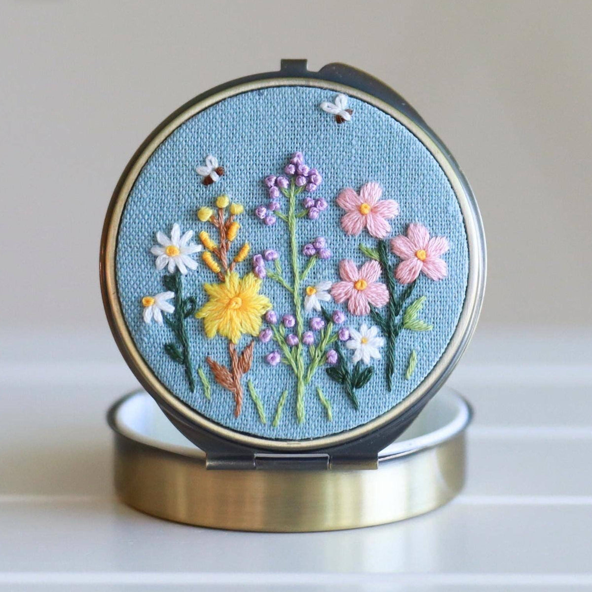 Blue Floral Embroidered Jewelry Box with Mirror