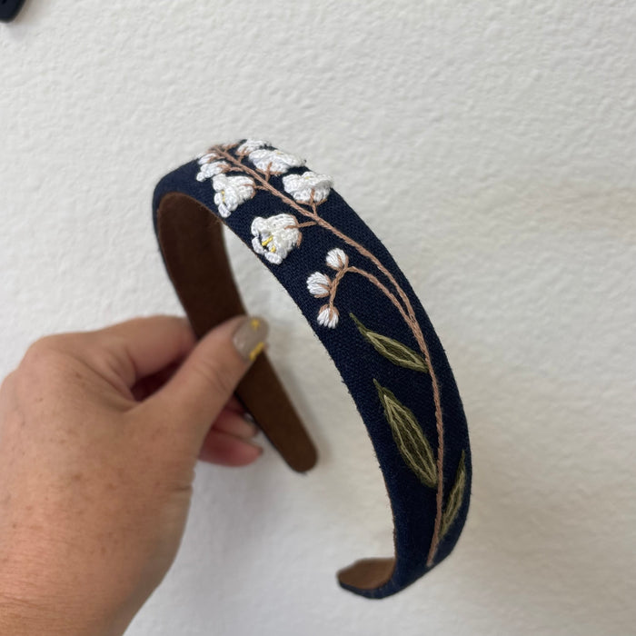 Floral Embroidered Headband- Lily of the Valley Navy Blue
